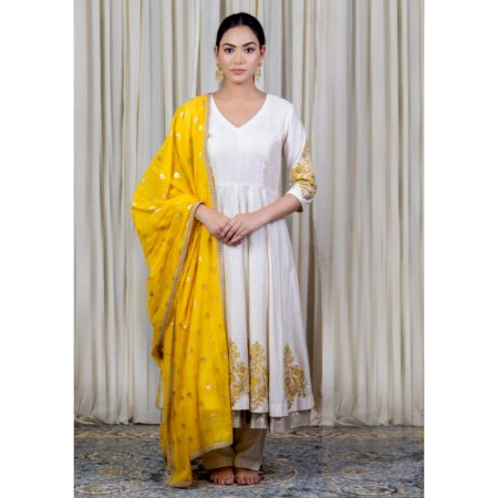 Off White Anarkali Set with Hand Embroidery